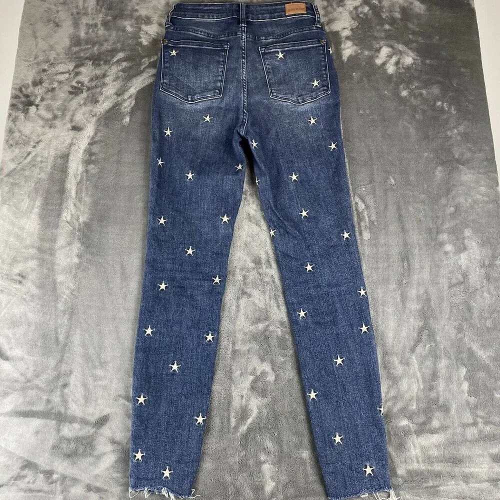 Judy Blue Jeans Womans 1/25 Star Embroidery High-Rise Skinny Raw Hem Whiskers - Picture 2 of 12